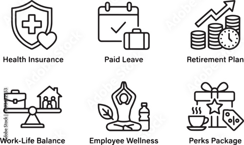 Essential employee benefits and perks package icons for modern workplace well-being Vector
