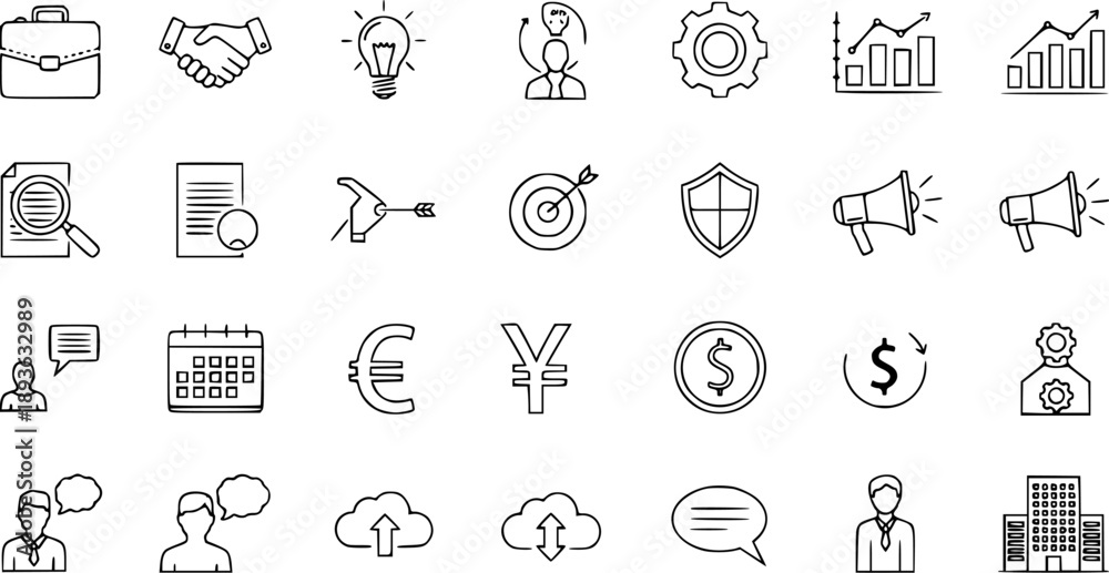 Fototapeta premium Business and Finance Line Icons Set: Modern Vector Symbols for Corporate, Marketing, Technology, and Communication Concepts