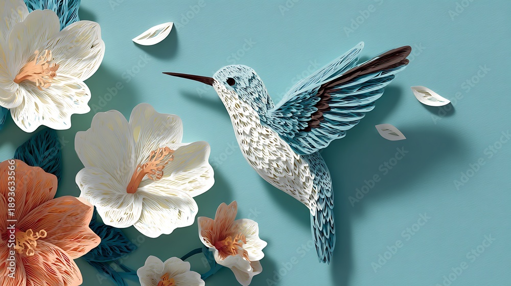 Fototapeta premium Beautiful hummingbird with flowers in paper art