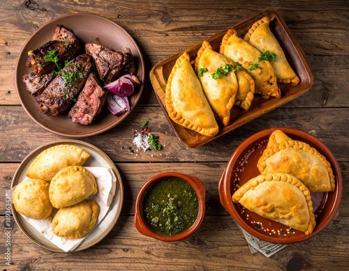Selection of Argentinian Cuisine Empanadas, Grilled Meat, and Chimichurri