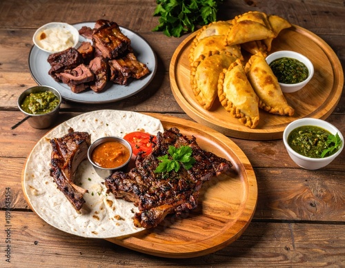 Grilled Ribs, Empanadas, and Chimichurri Sauce on Wooden Table