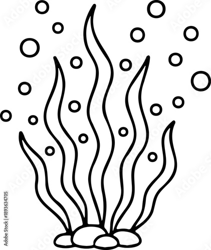 Seaweed Line Art Illustration - Simple Underwater Plant Vector with Bubbles