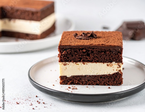 Decadent Chocolate Cake Slice on Plate, Close up