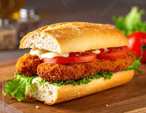 Crispy Chicken Sandwich with Tomato and Lettuce on Wooden Board