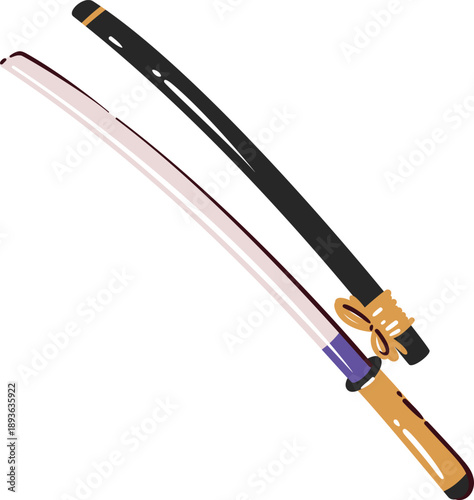 Japanese katana sword with curved steel blade and traditional handle. Samurai weapon from Japan, cultural symbol, Asian martial art object in hand drawn cartoon style, vector illustration.