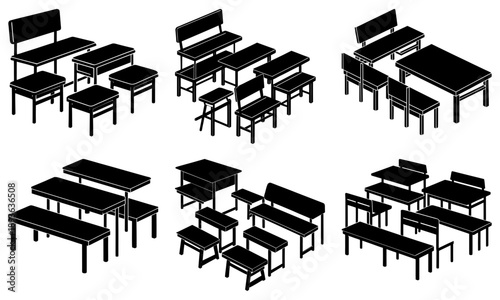 Various classroom desk configurations from different viewpoints showcasing furniture arrangements and study environments