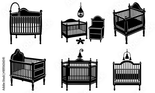 A collection of baby cribs and furniture illustrations, featuring various nursery settings and bedding from different viewpoints.