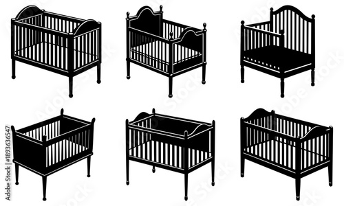 Collection of baby cribs in various styles and designs illustrated in black silhouettes against a clean white background