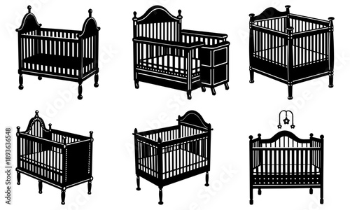 Collection of black baby cribs with varying designs and features illustrated from different viewpoints