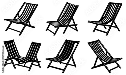 Set of six black and white striped deck chairs in various reclined positions on a plain white background from different viewpoints