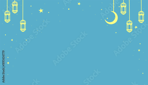 Festive blue night sky with crescent moon stars and glowing traditional lanterns