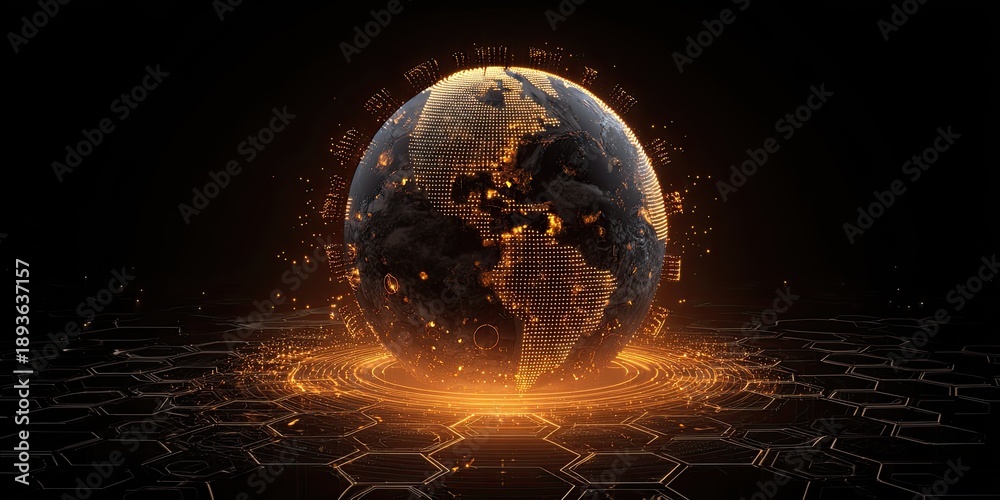 Obraz premium Futuristic planet illuminated by fiery energy on a hexagonal grid