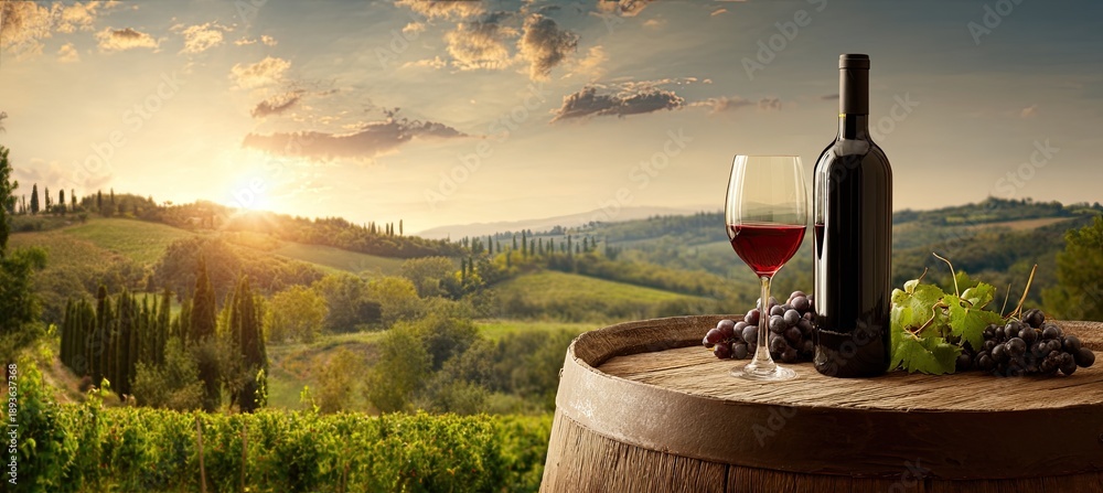 Naklejka premium Wine, glass, and grapes on barrel, vineyard landscape sunset backdrop