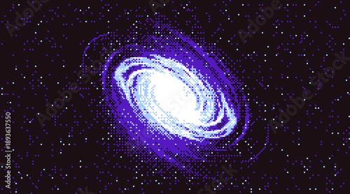 Pixel art galaxy with bright glowing core and spiral stars in deep space
