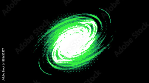 Pixel art green energy vortex with bright glowing core swirling on dark space background