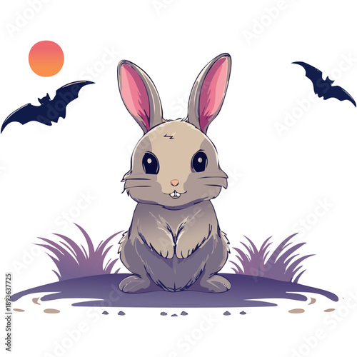Whimsical Cartoon Bunny Art Sitting Serenely Under a Twilight Sky with Flying Bats, a Charming and Delightful Concept for Children's Designs and Festive Occasions