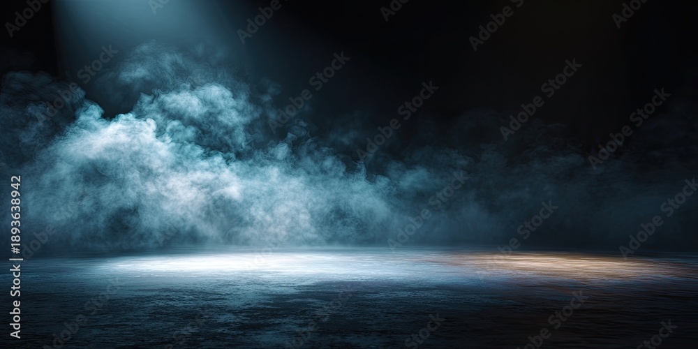Fototapeta premium Ethereal fog billows in a spotlighted, dark, industrial space