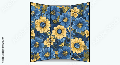 Folding Room Divider Screen featuring a Vibrant Blue and Yellow Floral Pattern for Interior Privacy and Decorative Home Accents