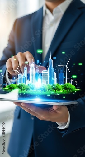 Person in suit holding tablet with holographic city and wind turbines