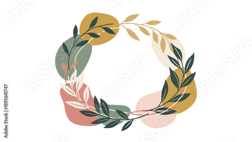 An elegant floral wreath illustration featuring leaves and flowers in a circular arrangement