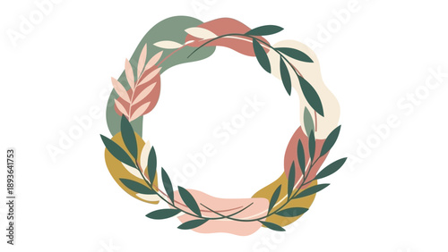 A floral wreath illustration with leaves and flowers arranged in a circular pattern on a white background