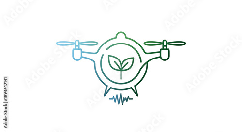 Drone with leaf symbol and heartbeat line eco friendly technology concept with green and blue gradient colors