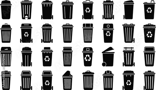 The image is a grid displaying various black silhouette icons of trash cans against a white background.
