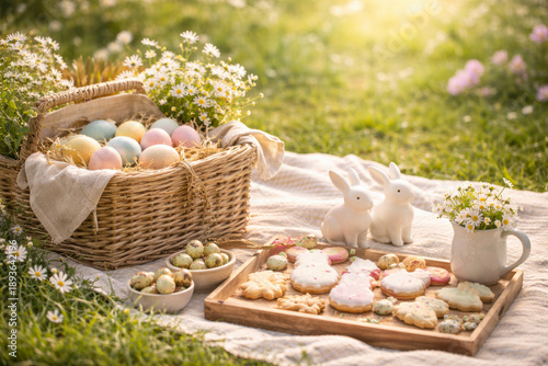 Picnic pasquale in un prato fiorito con cesto di uova colorate e biscotti a forma di coniglietto. Generative AI