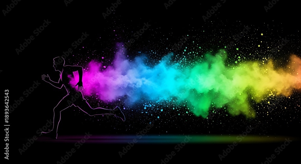 Fototapeta premium Silhouette of male runner sprinting with a vibrant burst of rainbow colored smoke and glitter trail against a dark background