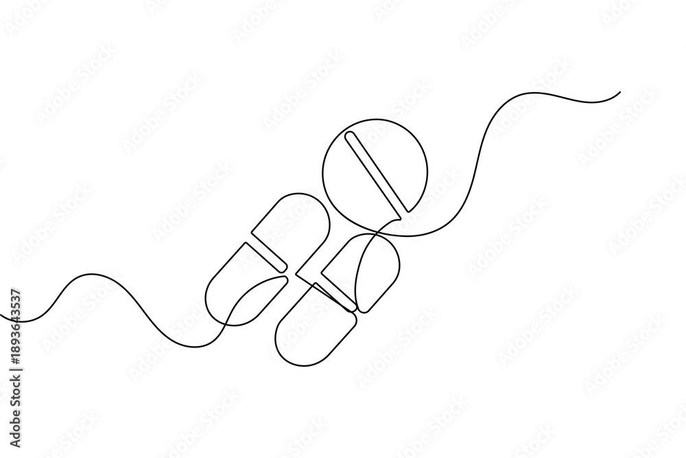 Obraz premium Capsule tablets and pills icon created with a single continuous line for minimalist medical branding