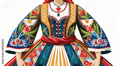 Very beautiful close-up of a traditional Portuguese women’s folk dress with patterned fabric and decorative details, isolated on white background, showcasing coastal heritage and timeless European sty