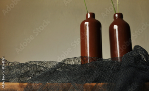 Fotografie Clay bottles, minimalist modest interior horizontal wallpaper