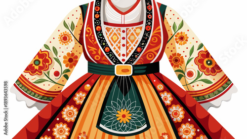 Very beautiful close-up of a traditional Portuguese women’s folk dress with patterned fabric and decorative details, isolated on white background, showcasing coastal heritage and timeless European sty