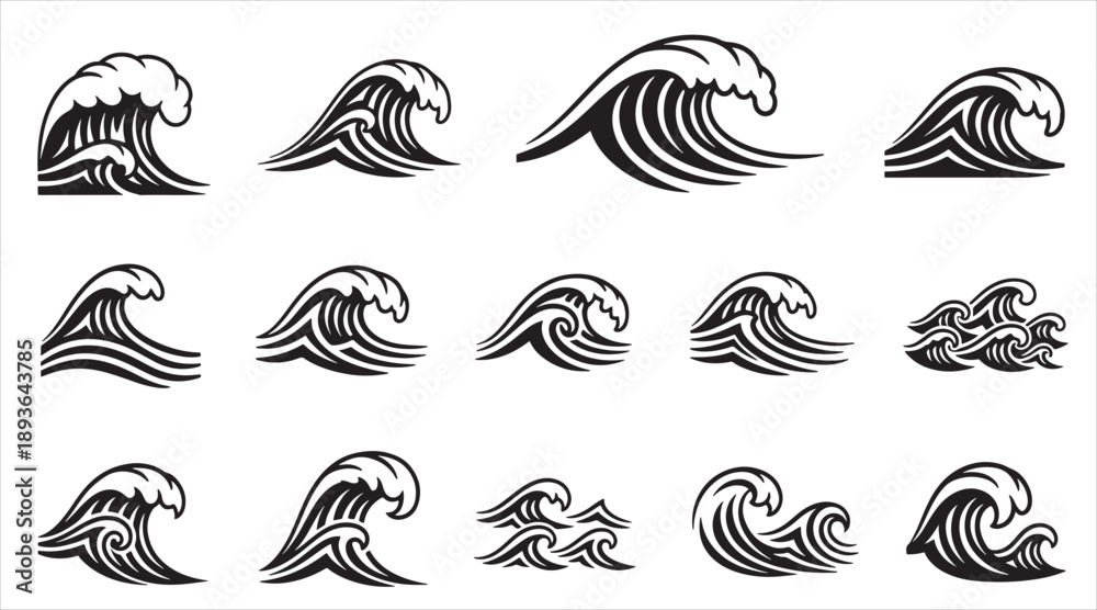 Obraz premium Set of Stylized Ocean Wave Silhouette Icons: Tribal Surf Graphics, Curled Sea Water Symbols, and Artistic Marine Splash Elements for Creative Branding