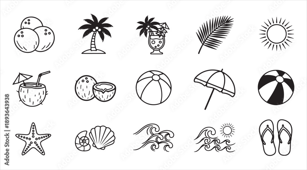 Obraz premium Set of Minimalist Summer Beach Vacation Icons: Tropical Coconut, Palm Tree, Sun, Sea Shell, and Starfish Outline Graphics for Travel Branding and Holiday Design