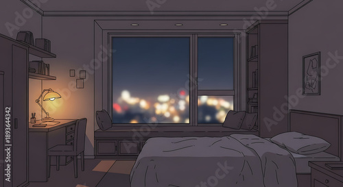 Cozy Anime Bedroom Interior at Night with City Lights View