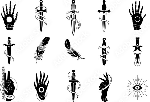 Mystical Hand and Dagger Symbol Vector Set