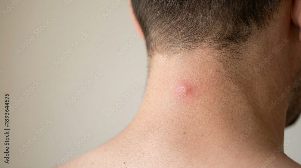 Fototapeta premium Man's neck with visible pimple on skin against neutral background 