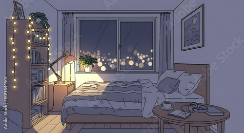 Cozy Anime Bedroom Interior at Night with City Lights View