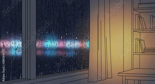 Cozy Rainy Night Window View with City Lights in Anime Lofi Style