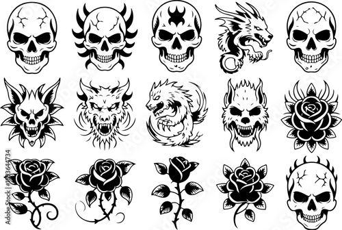 Skull and Animal Tattoo Style Vector Icon Set