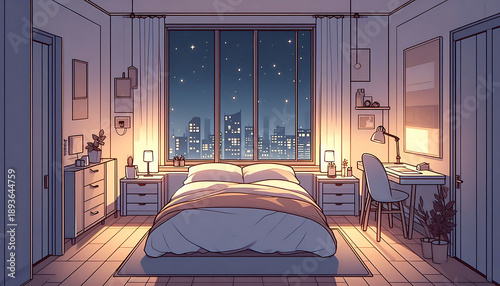 Cozy Anime Bedroom Interior at Night with City Lights View
