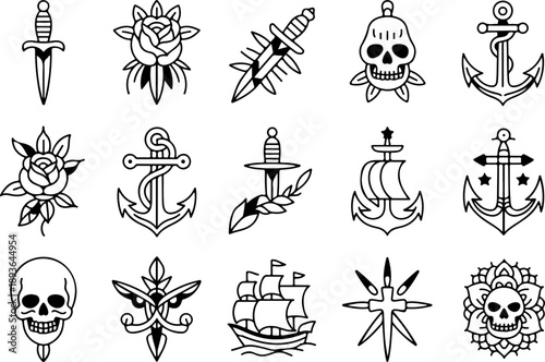 Skull and Animal Tattoo Style Vector Icon Set