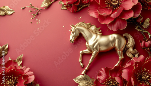 Majestic Golden Horse with Red Peonies and Floral Frame on Red Background