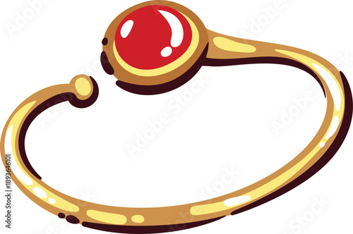 Indian bangle bracelet icon. Golden open bracelet with red stone, smooth curve, glossy surface, traditional jewelry detail. Bangle travel symbol, cartoon doodle vector illustration.