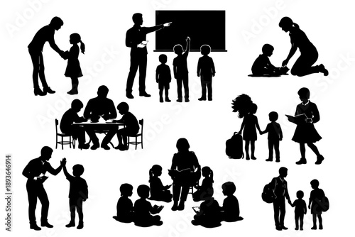 Silhouettes of adults teaching and interacting with children.