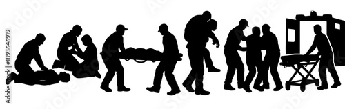 Emergency medical team silhouette sequence with diverse actions.