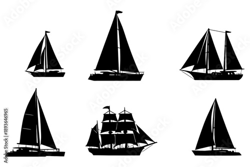 Silhouette collection of sailing and tall ships on white background.