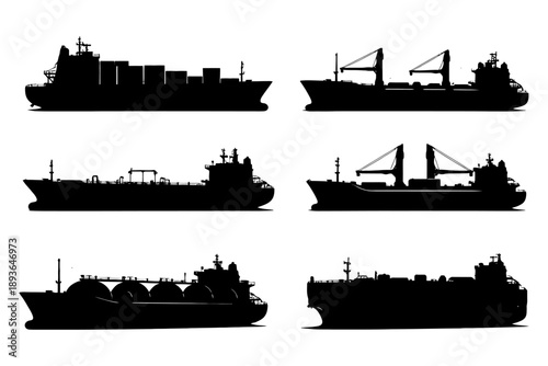 Silhouettes of various cargo ships and tankers in profile view.