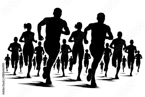 Silhouette of diverse runners in motion.